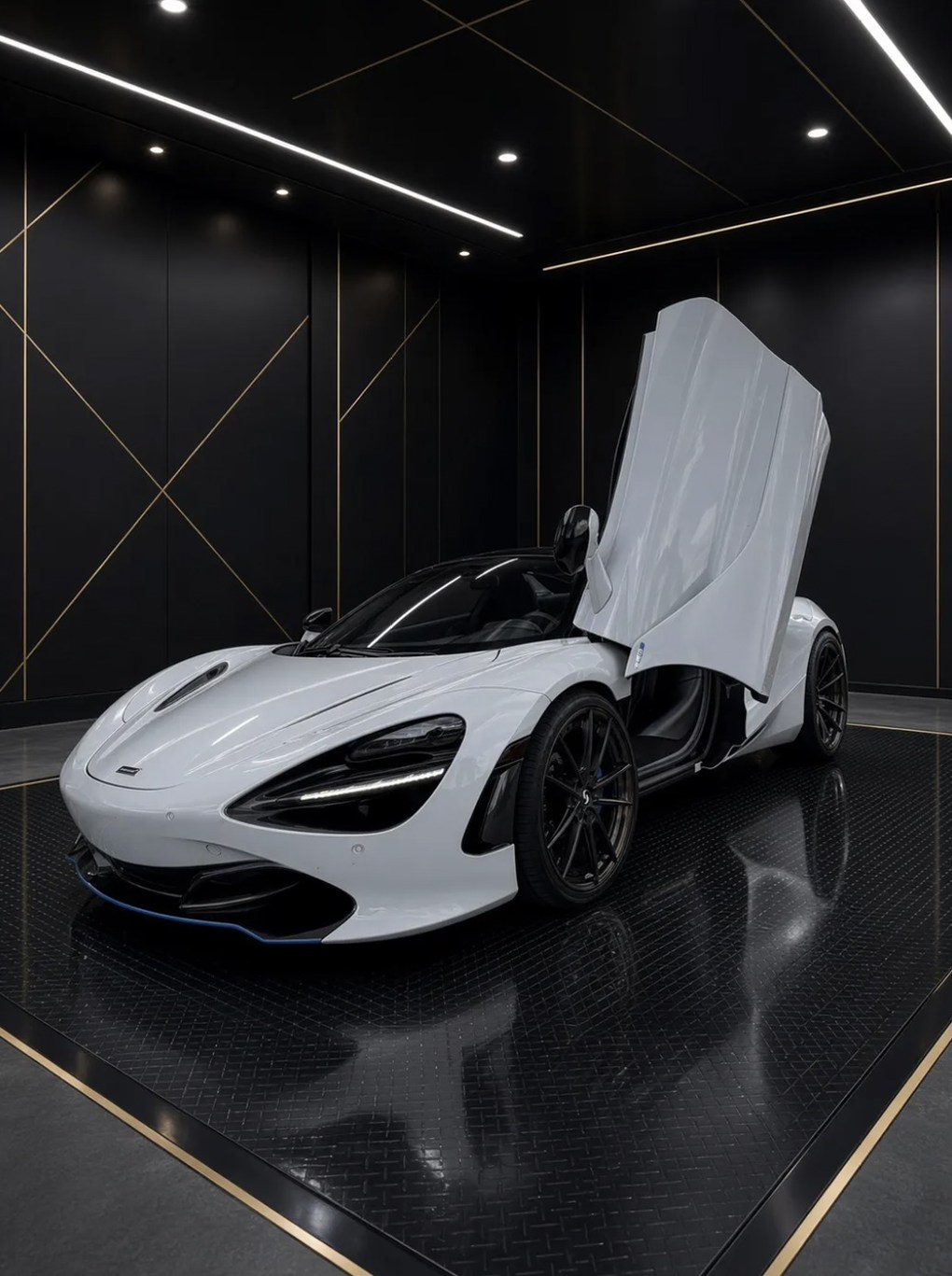 McLaren 720S with dihedral door raised in the Lokey Exotics showroom